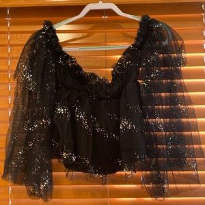 Symphony Sexy Black Lace with sparkles off the shoulder lined blouse size s (OL)